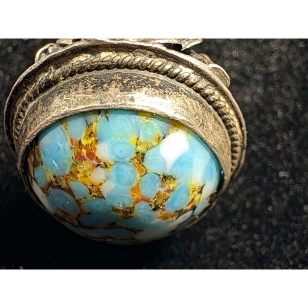 Vintage Floral Silver Tone Turquoise Matrix Pendant Blue Mottled Cabochon 1 Inch